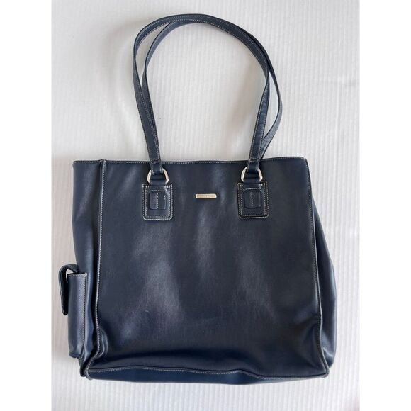 Liz Claiborne Womens Black Leather Double Handle Pocket Handbag Shoulder Bag - Picture 1 of 10